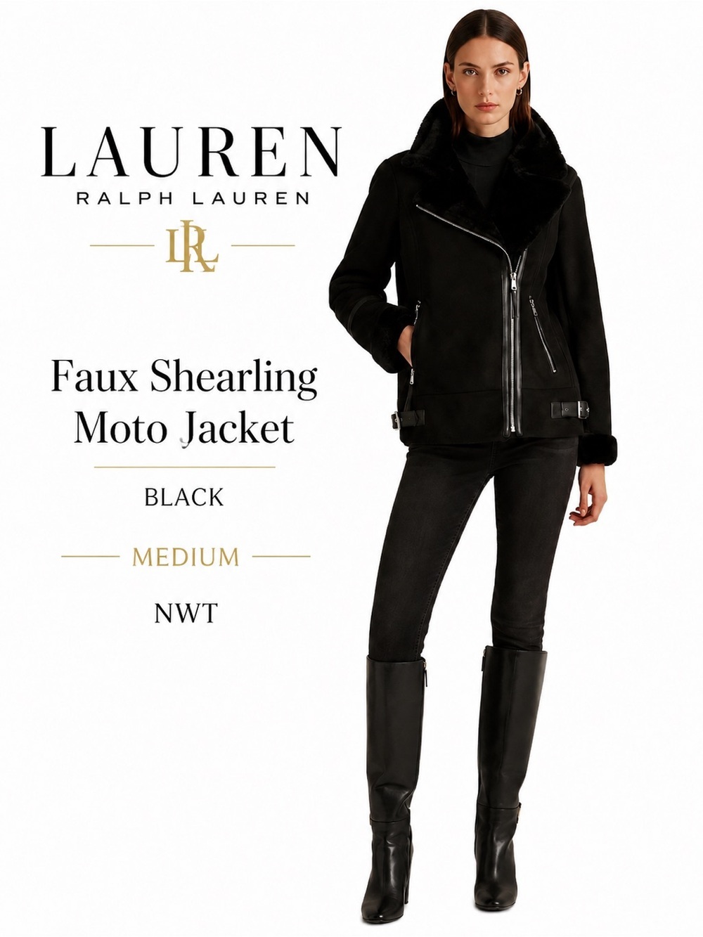 Lauren Ralph Lauren Faux Shearling Moto Jacket Black Medium NWT